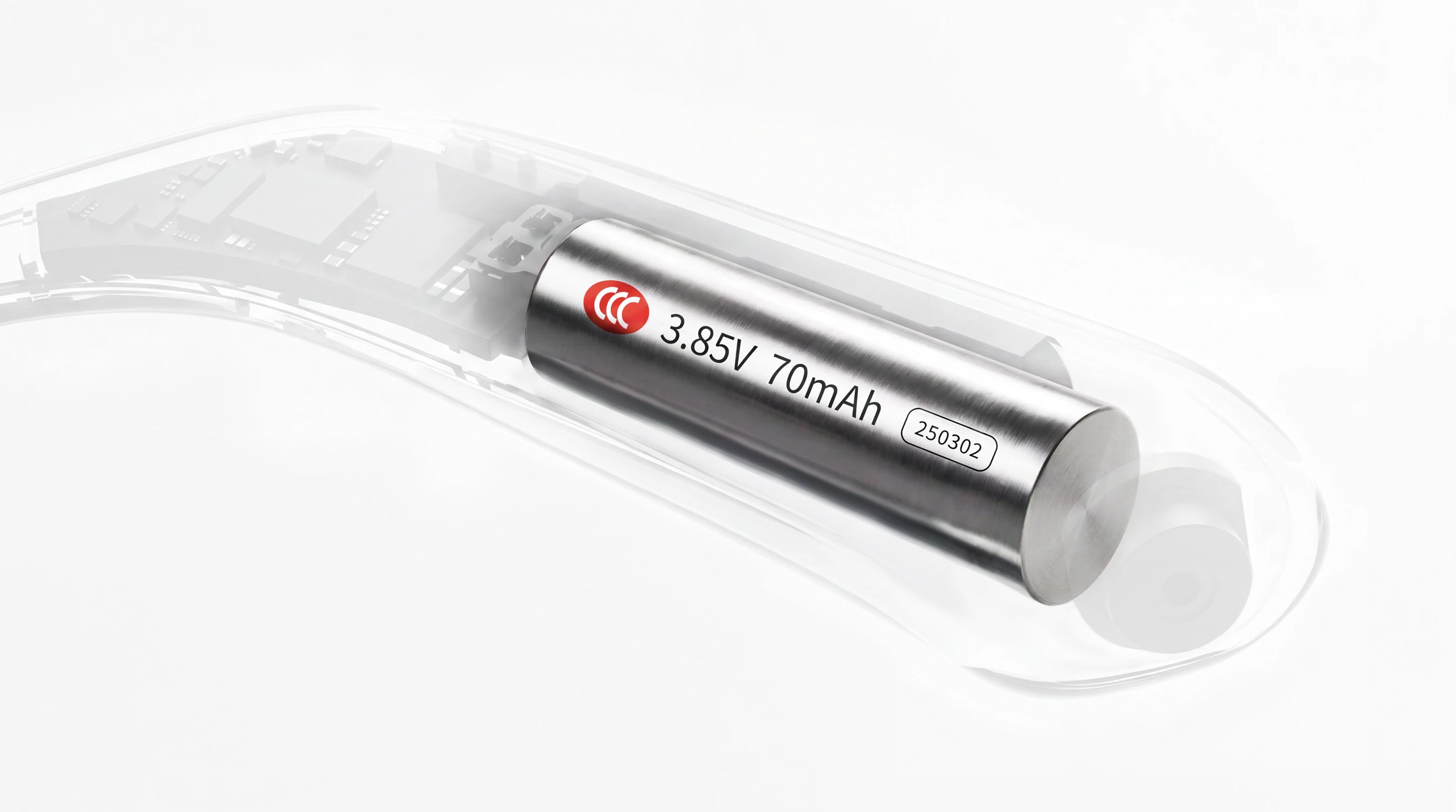 NIMO custom 3.85 V 70 mAh miniature steel-shell battery inside the temple