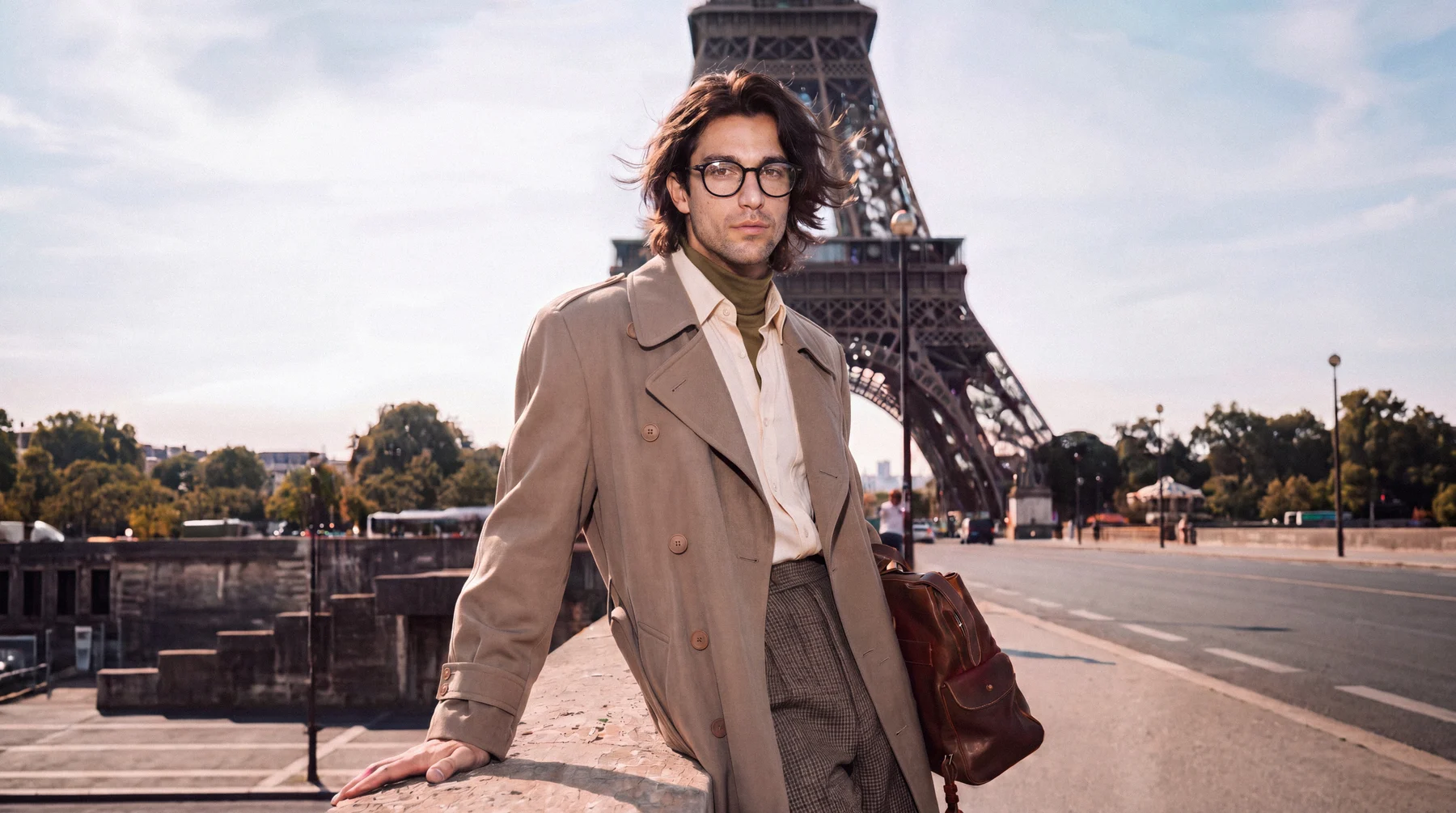A man in a beige trench coat leaning on a stone ledge with the Eiffel Tower behind him, the full scene from the Seine embankment to the tower's base, the round black NIMO frame in sharp focus
