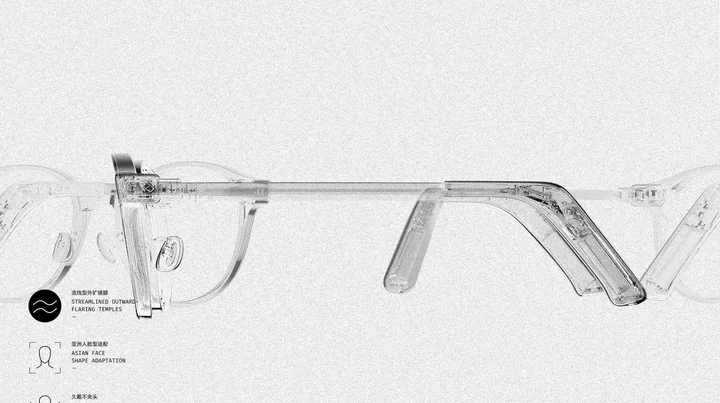 An x-ray style render of the NIMO frame's hinge and temple, showing the outward flare