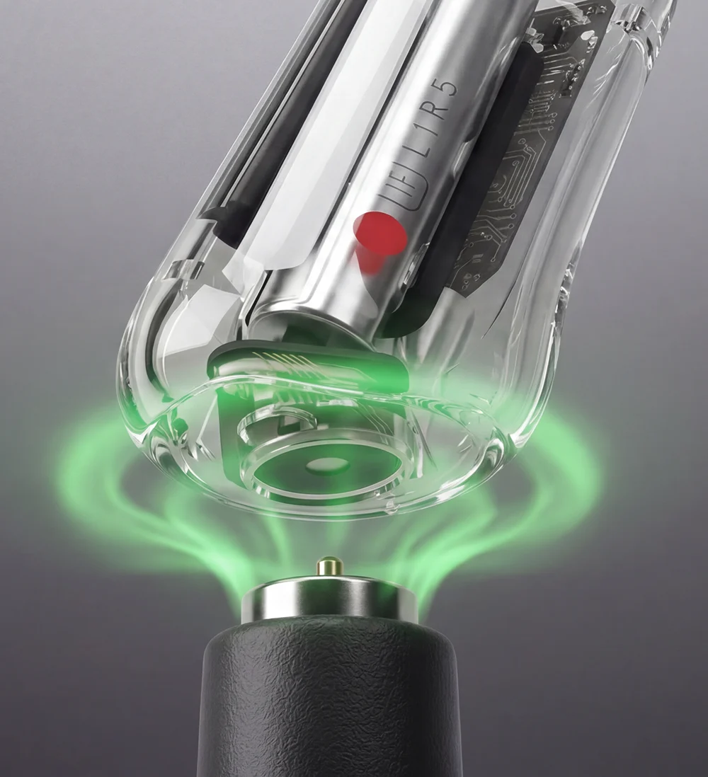A NIMO temple's magnetic charging connector glowing green at the contact point