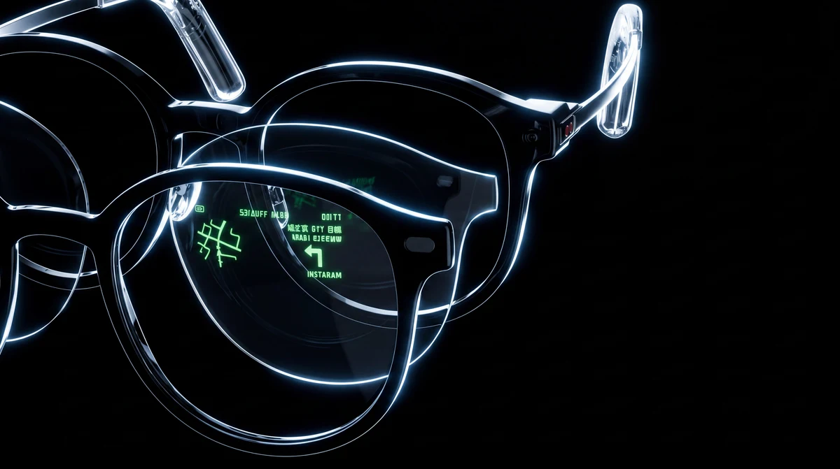 Close angle on the NIMO frame with a green navigation line and turn arrow visible inside the lens
