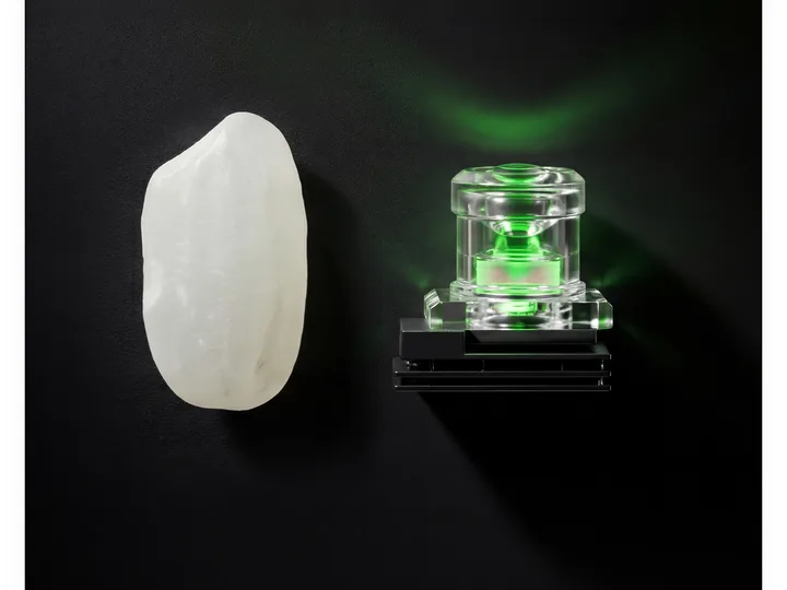 The NIMO light-engine module beside a single grain of rice for scale