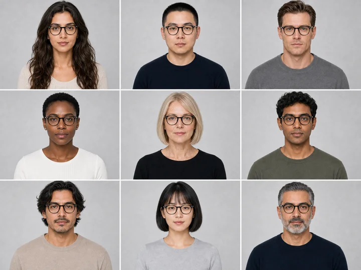 Nine people of different face shapes and backgrounds, all wearing the same NIMO frame