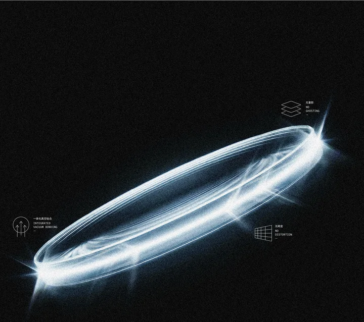 An abstract render of a lens ring, glowing, with callouts for integrated vacuum bonding, no ghosting and no distortion