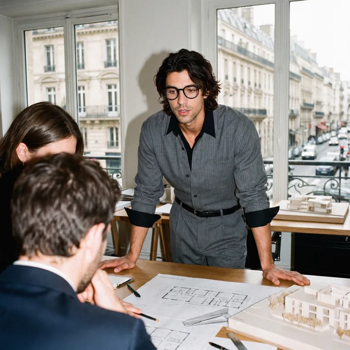 A man in a Paris architecture office leaning on a table of blueprints, briefing two colleagues with the Haussmann street front behind him
