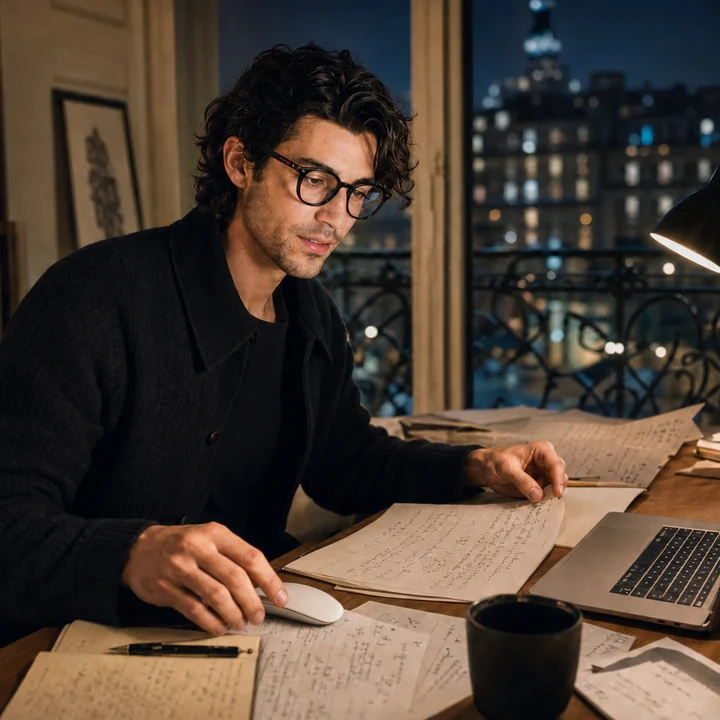 A man at a desk at night, reading handwritten notes beside an open laptop and a cup of coffee, the city lit up through the window behind him