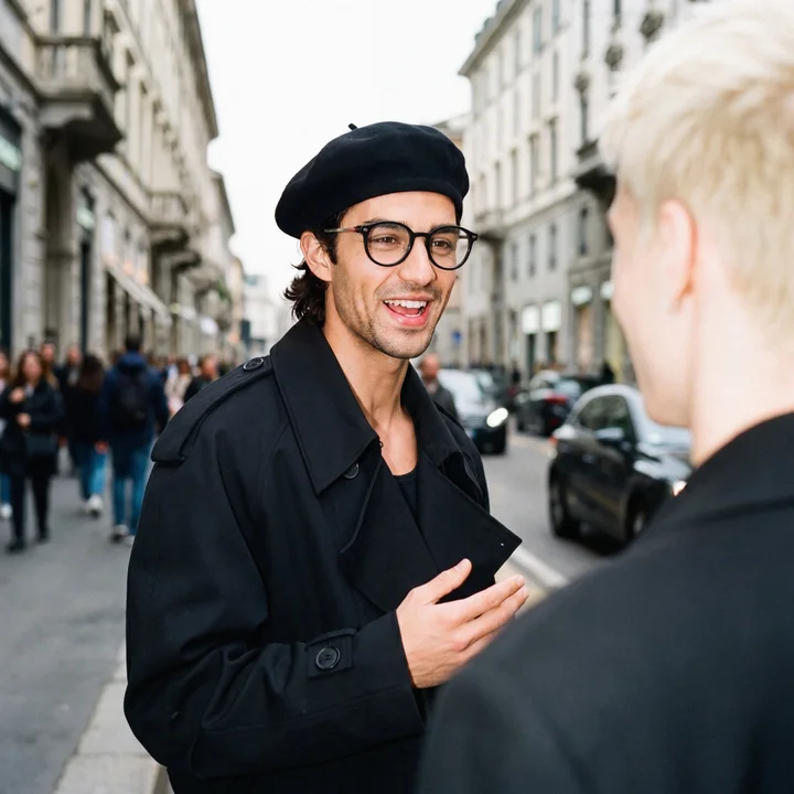 A man in a beret and black coat talking with another person on a Milan street