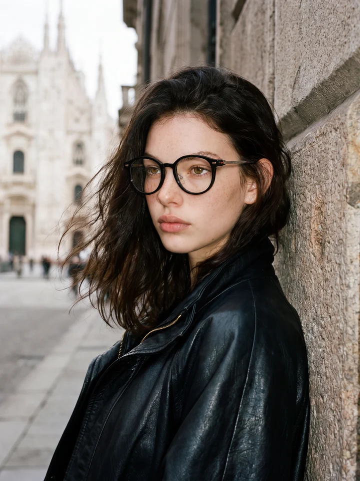 A close portrait of a woman against a stone wall near the Milan Duomo, showing how the nose pads and bridge of the NIMO frame sit on the face