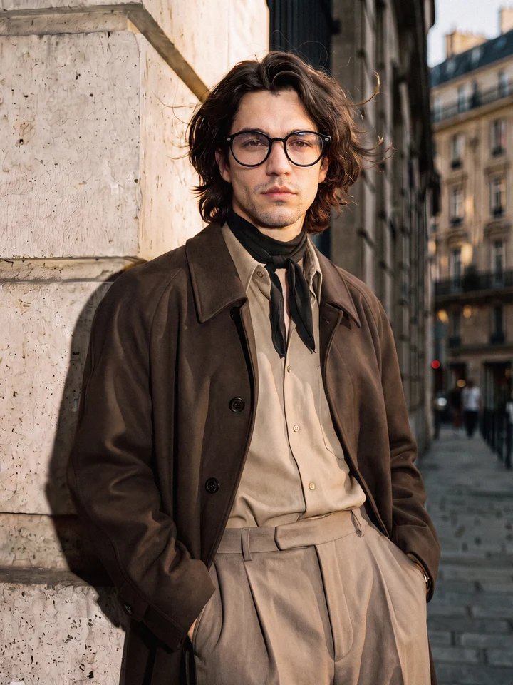 A man in a brown coat leaning against a sunlit Paris building, the silver temple of the NIMO frame visible at his ear