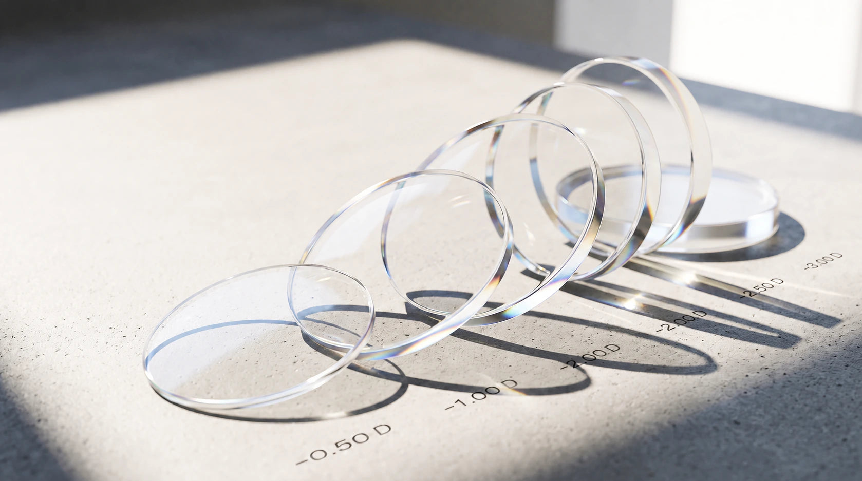 Prescription lenses arranged from minus 0.50 D to minus 3.00 D