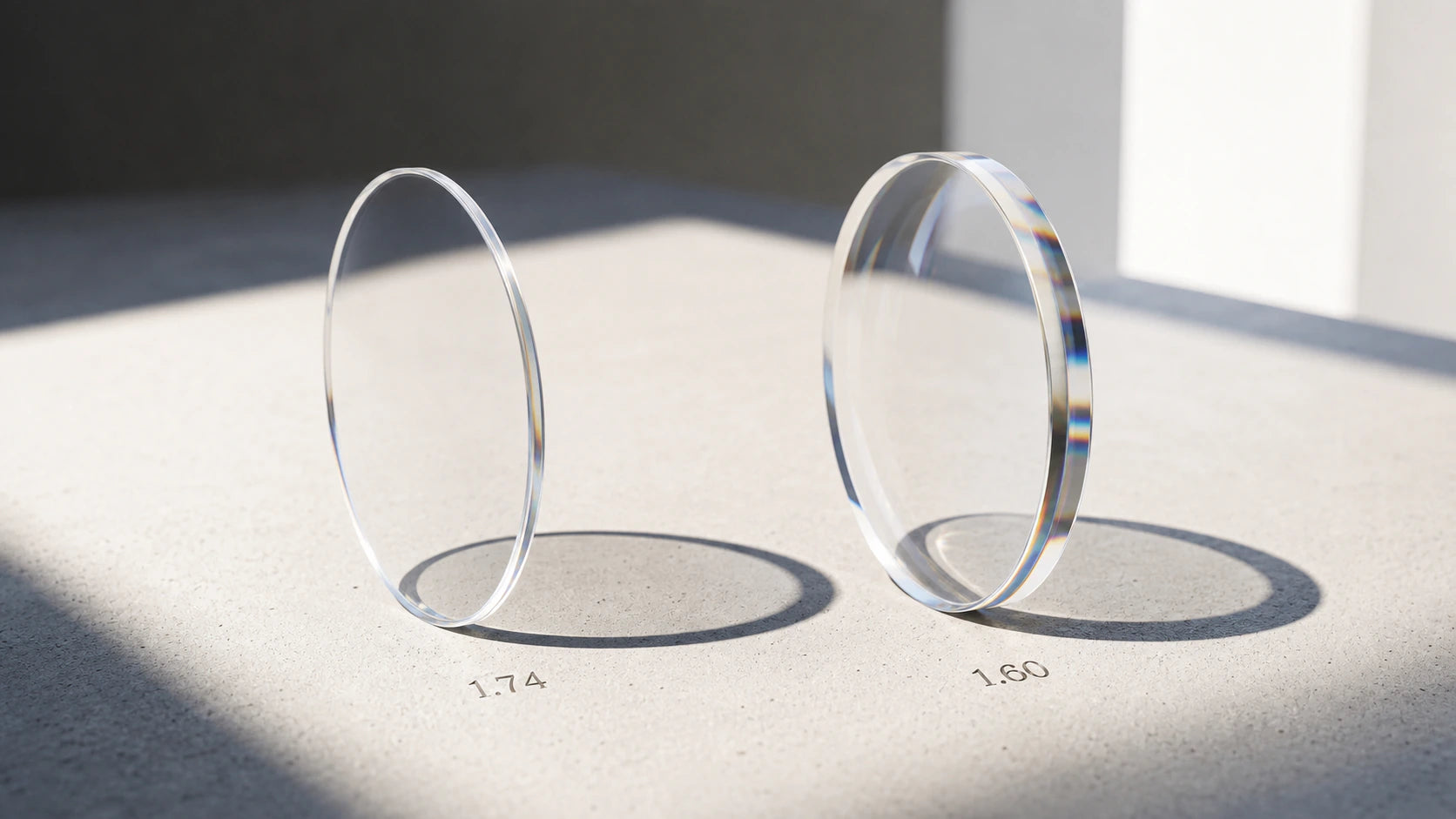Side-by-side thickness comparison of 1.74 and 1.60 refractive-index lenses